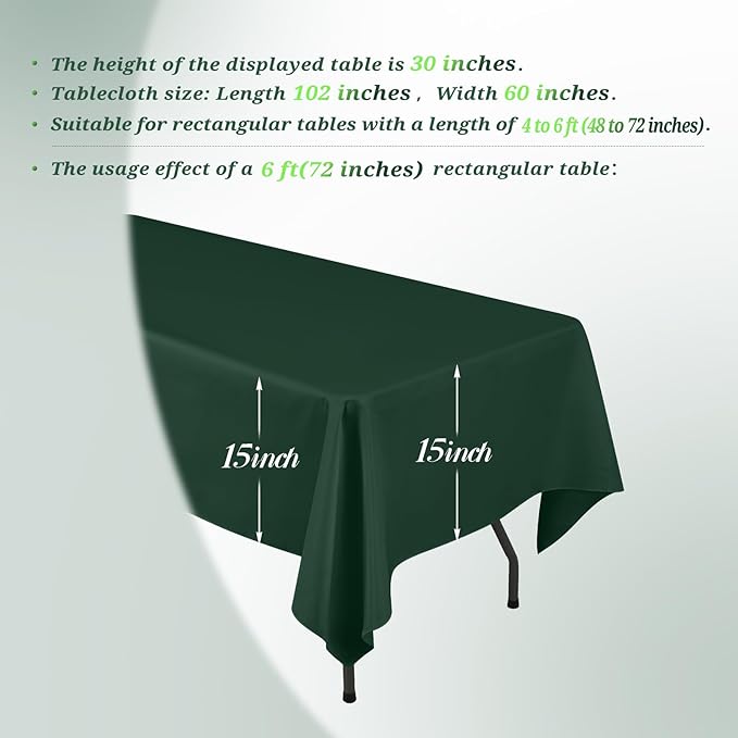 Teruntrue 12 Packs Hunter Green Tablecloths 60x102 inch Rectangle Table Cloth for 6 Foot Rectangle Tables, Washable Polyester Fabric for Wedding Parties Dinner Table Decorative, Hunter Green