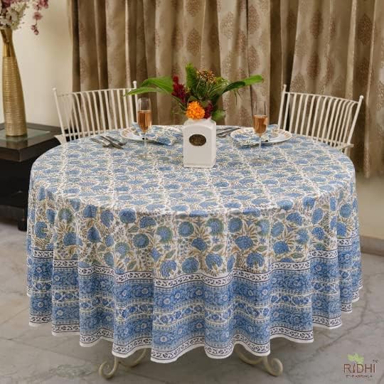 Ridhi Round Tablecloth Hand Block Print 100% Cotton Reusable Asparagus Green 132 Inch Table Cover Decorative Everyday Use for Dining, Home, Party, Wedding, Farmhouse Gift for Spring, Mother's Day