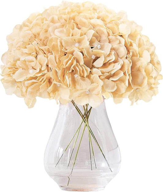 New Champagne Silk Hydrangea Heads Artificial Flowers Heads with Stems for Home Wedding Decor,Pack of 10