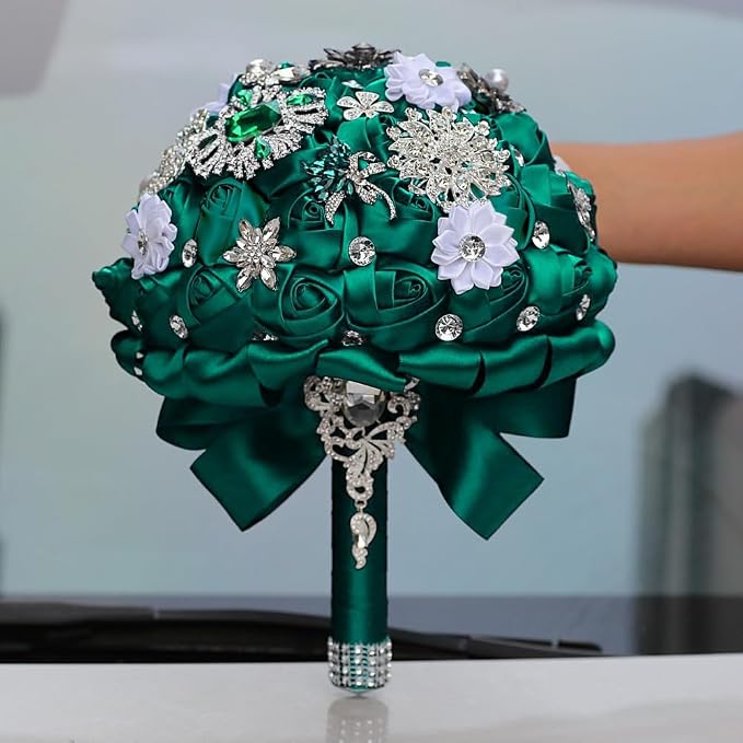 Emerald Green Bridal Bouquet with Luxury Bling Rhinestone Green Brooch Wedding Bouquet for Bride Bridesmaid Quinceanera Satin Rose Flower Bouquet Wedding 9.5in