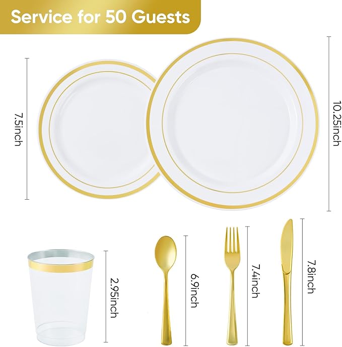 Fijinhom 350 Pieces Gold Disposable Plates for 50 Guests, Disposable Plastic Plates for Party, Wedding, Dinnerware Set of 50 Dinner Plates, 50 Salad Plates,50 Cups and 50 Paper Napkins, Gold