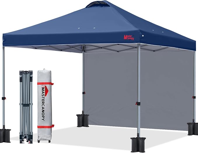 MASTERCANOPY 10x10 Pop Up Canopy Tent with 1 Sidewall, 1 Person Setup Instant Shelter, Outdoor Portable Beach Canopy, 1 Roller Bag, 4 Sandbags, 4 Ropes, 8 Stakes (10x10, Navy Blue)