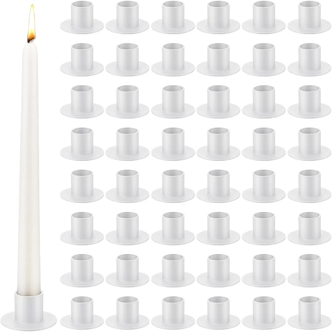 48 Pcs White Metal Taper Candle Holders Bulk for Wedding Pillar Candles Taper Candlesticks Holders Centerpieces Short Candle Stick Dinner Decor for Party Anniversary Dinning Table Gift (48, White)