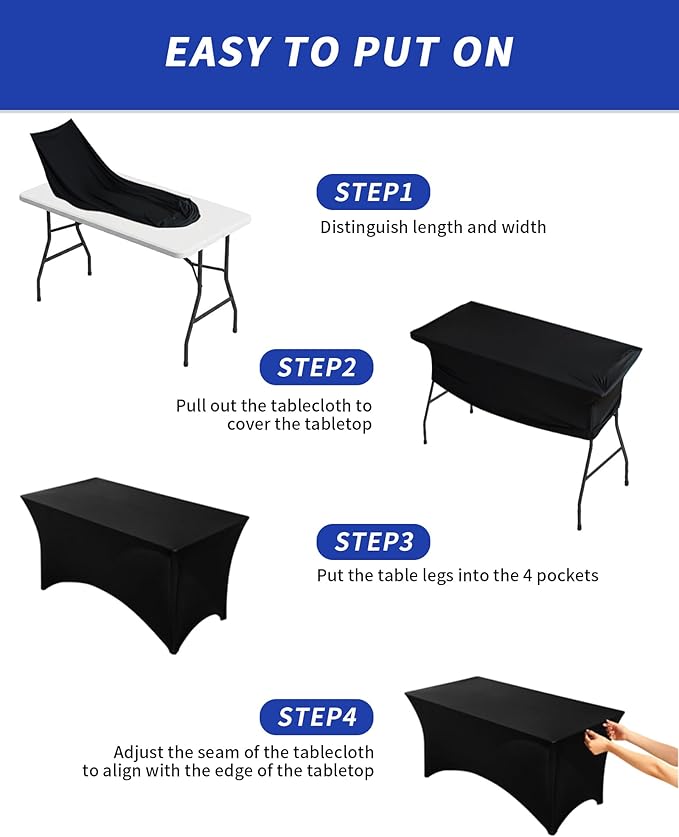 Fixwal 3 Pack Black Tablecloth Rectangle 4Ft, Stretch Spandex Fitted Table Cover for Party, Trade Show, Wedding, Buffet, Graduation, Vendor Stand