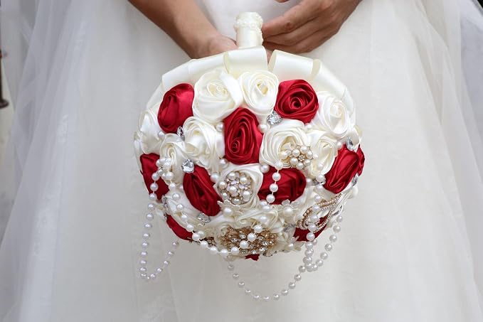 Burgundy and Ivory Bridal Wedding Bouquet with Rhinestone Brooch Pearl String Cascade Bouquet for Bride Bridesmaid Quinceanera Satin Rose Flower Bouquet Wedding Ivory and Burgundy 6.3in