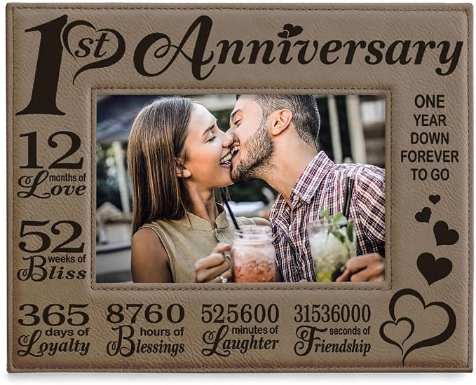 KATE POSH - Our First Anniversary Engraved Leather Picture Frame - Couple Gifts, Him & Her, Paper & First Wedding Anniversary Photo Gifts (5x7-Horizontal)
