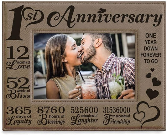 KATE POSH - Our First Anniversary Engraved Leather Picture Frame - Couple Gifts, Him & Her, Paper & First Wedding Anniversary Photo Gifts (5x7-Horizontal)