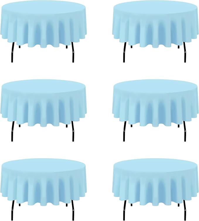 BRILLMAX 6 Pack Light Blue Round Tablecloths 90 Inch for 60” Tables - 150 GSM Polyester Fabric, 15" Standard Drop, Water, Stain & Wrinkle Resistant Cloth Cover for Wedding Reception Banquet Dining