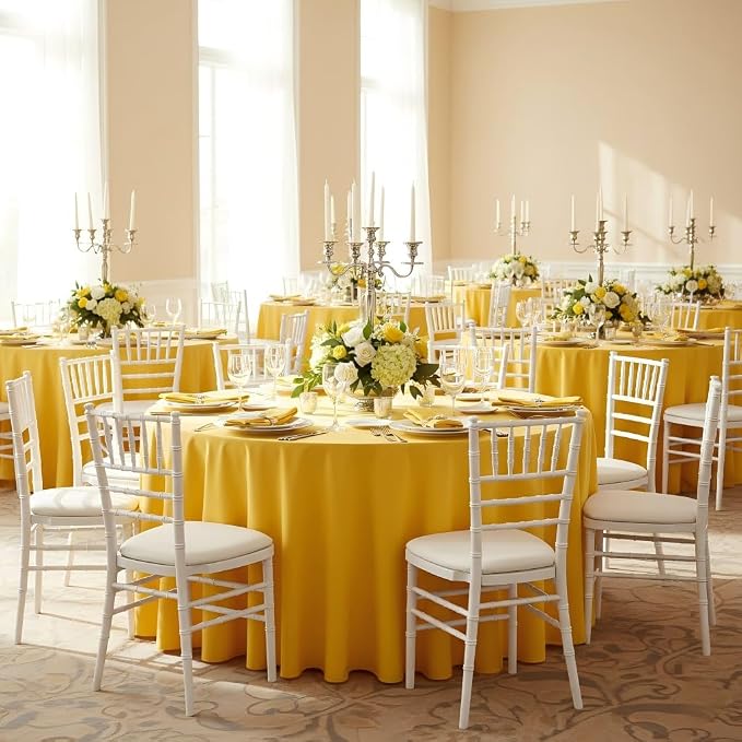 sancua Round Tablecloth - 108 Inch - Water Resistant Spill Proof Washable Polyester Table Cloth Decorative Fabric Table Cover for Dining Tables, Buffet Parties and Camping, Yellow