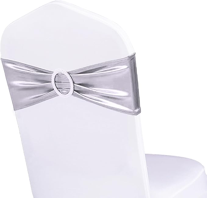 Pack of 100 Wedding Silver Chair Sashes, Elastic Chairs Bands with Buckle Slider, Chair Bows for Wedding Decorations, Without Chairs Covers (Metallic Silver)