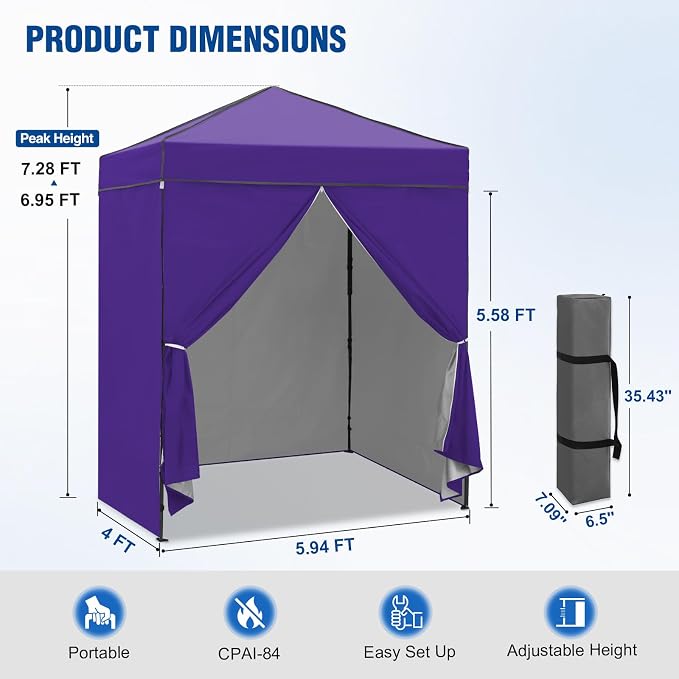 6x4 Pop Up Canopy Tent with Four Wall Panels, Instant Portable Beach Canopy, Outdoor Tent with Carry Bag for Camping, Sports, Tailgating, Events, Purple