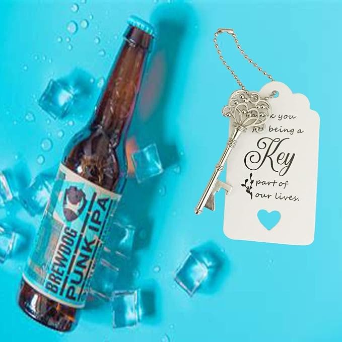 100 PCS Wedding Favors Bottle Opener,Wedding Gifts for Guest Vintage Skeleton Key Opener,Key Openers with Escort Tag Cards and Chains (Silver)