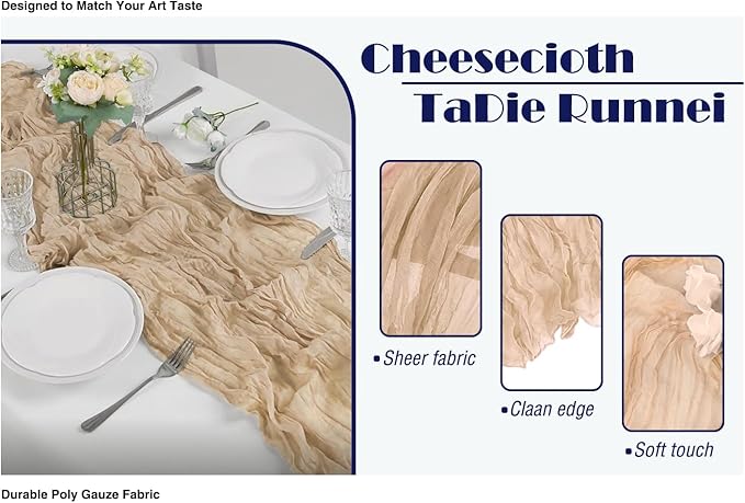 20 Pack Beige Cheesecloth Table Runner 17x108 Inch Boho Wrinkled Sheer Gauze Cheese Cloth Table Runner Bulk Decor for Wedding, Bridal Shower, Birthday Party