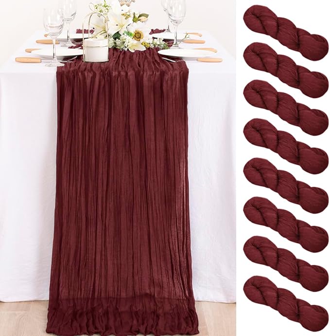 MLMC 8 Pack Burgundy Cheesecloth Table Runner Boho Rustic Gauze Wine Red Cheese Cloth Table Runner Cheese Cloth Centerpiece Decor 35x120 Inches for Wedding Reception Anniversary Home Decor
