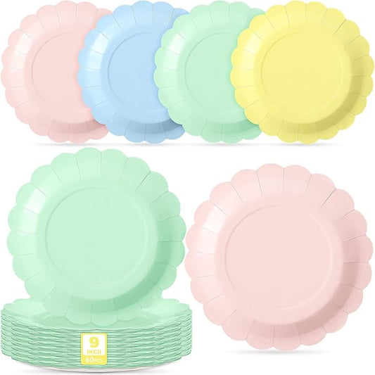 60 Pcs Macaron Paper Plates 9 Inch Colored Scalloped Disposable Round Dessert Paper Plates Party Decoration for Margs and Matrimony Bachelorette Party Women Birthday Baby Shower Wedding