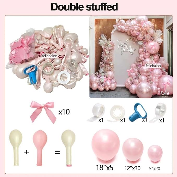Pearl Pink Balloons Different Sizes Double Stuffed Pastel Baby Pale Pink Pearl Balloon Arch Garland Kit 18/12/5in with Bow for Bridal Wedding Birthday Baby Shower Coquette Party Decorations