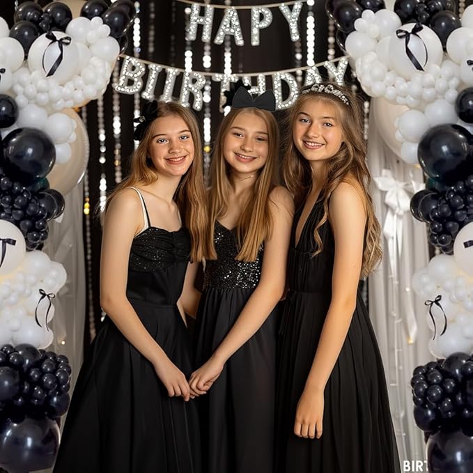 Black Bow Birthday Party Decorations 122pcs black Ivory White Double Stuffed Pearl White Balloons with Bow Foil Balloons for Girl Coquette Birthday Wedding Bridal Party Decorations