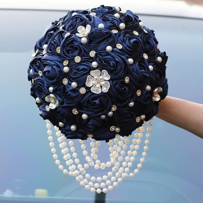 Navy Blue Bridal Wedding Bouquet with Rhinestone Brooch Pearl String Cascade Bouquet for Bride Bridesmaid Quinceanera Satin Rose Artificial Flower Bouquet Wedding Navy Blue 7.5in