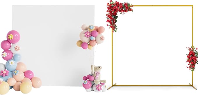 Fomcet 6.6FT x 6.6FT Gold Metal Square Backdrop Stand and White Wedding Arch Cover Spandex Fabric for Birthday Party Baby Shower Anniversary Arch Stand Decoration