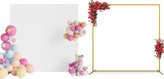 Fomcet 6.6FT x 6.6FT Gold Metal Square Backdrop Stand and White Wedding Arch Cover Spandex Fabric for Birthday Party Baby Shower Anniversary Arch Stand Decoration