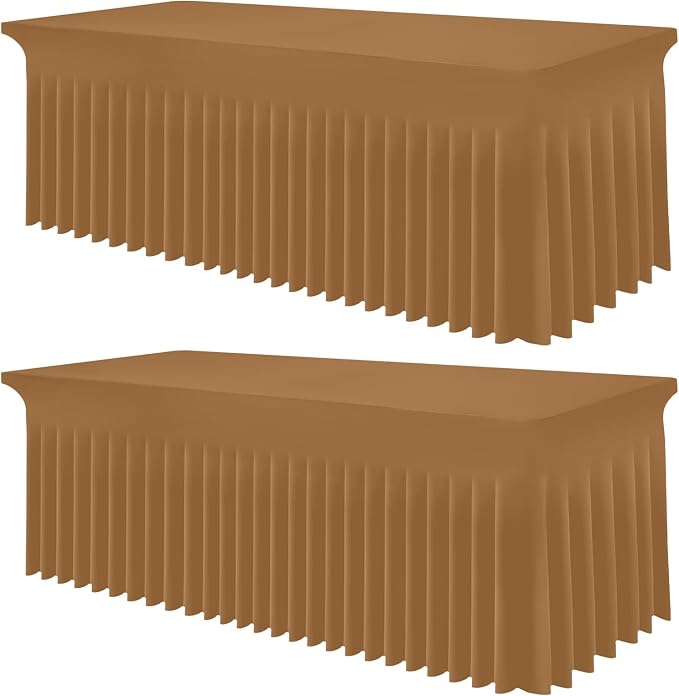 Smiry Spandex Tablecloth 2 Pack, Elastic Fitted Stretch Tablecloth for 8FT Rectangle Tables, Waterproof Washable Table Cover Skirt for Outdoor, Wedding, Banquet & Parties (Brown, 96Lx30Wx30H Inch)