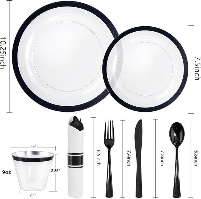 I00000 210 Pcs Clear and Black Plastic Plates, Disposable Dinnerware Set, Include 30 Dinner 30 Dessert Plates,30 Plastic Cups 9 OZ,30 Pre Rolled Napkins with Cutlery for Birthday, Wedding & Party
