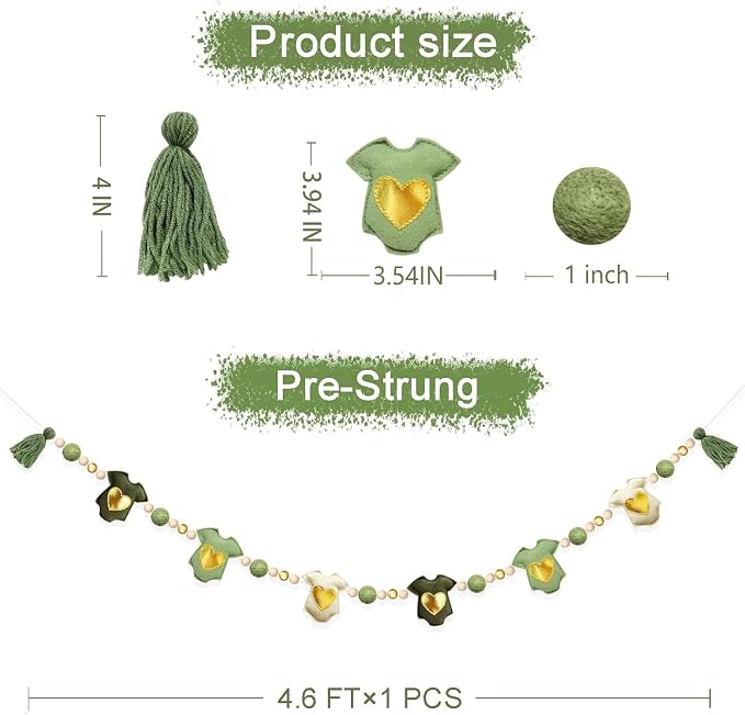 Sage Green Gold Baby Clothes Decorations Handmade Pre-Strung Felt Baby Clothes Banner Wool Felt Ball Wooden Bead Garland for Neutral Baby Shower Gender Reveal Party Nursery Fireplace Home Decor