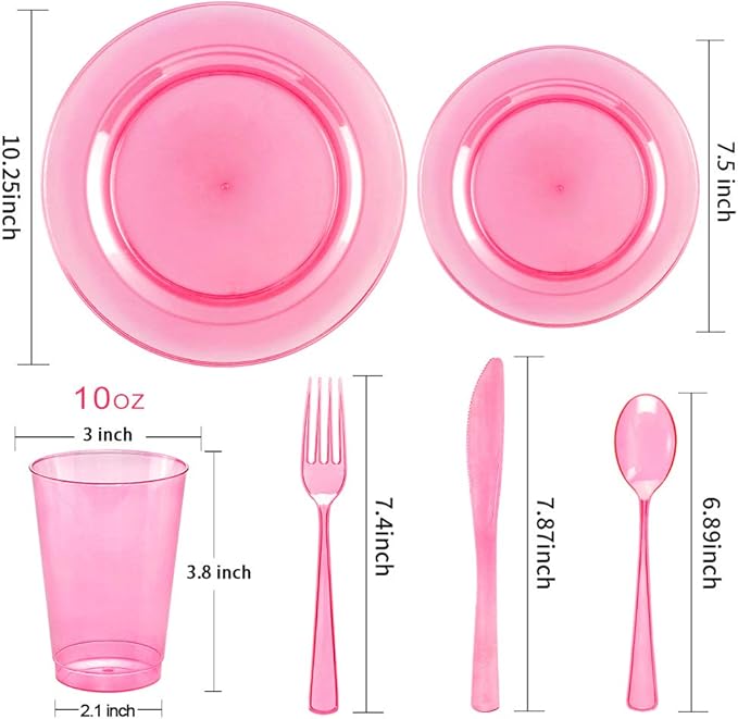 WDF 25 Guest Pink Plates with Pink Plastic Silverware&Pink Cups-Neon Clear Disposable Dinnerware include 50 Plates,25Forks, 25 Knives, 25 Spoons,25 Plastic Cups for Party and Baby Shower