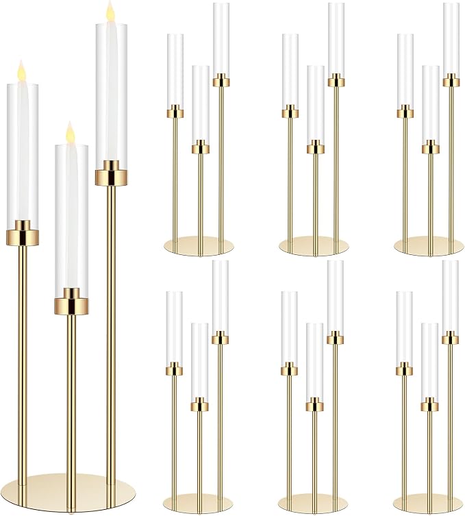 Layhit 6 Set Wedding Gold Candelabra Centerpieces for Tables, 3 Arm Tall Acrylic Candle Holder Centerpiece with Clear Shades for Reception, Party, Dining Decor, Anniversary, Fits 0.87" LED Candles