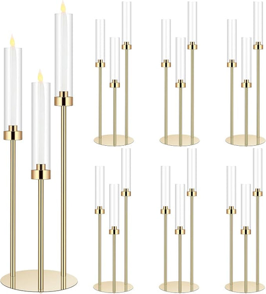 Layhit 6 Set Wedding Gold Candelabra Centerpieces for Tables, 3 Arm Tall Acrylic Candle Holder Centerpiece with Clear Shades for Reception, Party, Dining Decor, Anniversary, Fits 0.87" LED Candles
