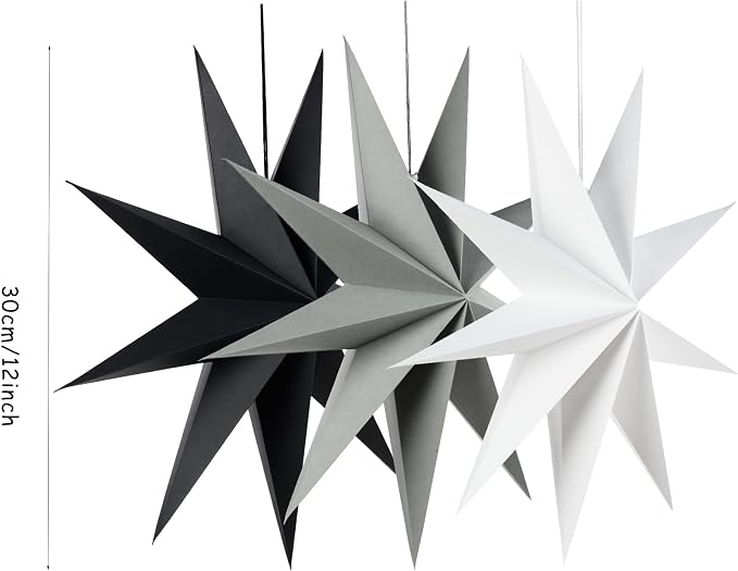 SUNBEAUTY 3 Pcs 9-Pointed Paper Star Lanterns 12 Inch Hanging Lampshade Wedding Birthday Christmas Home New Year Party Decorations