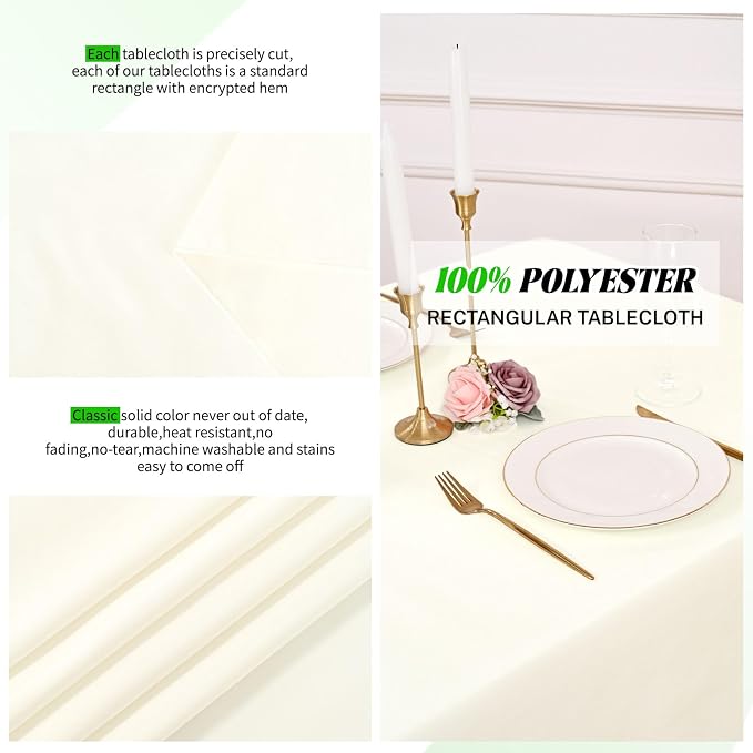 Pesonlook 12 Pack Ivory Polyester Tablecloth-60 x 102 Inch Ivory Rectangle Tablecloth for 6 Ft Rectangle Tables,Washable Fabric Table Cover for Wedding/Buffet Party/Dining Table/Events