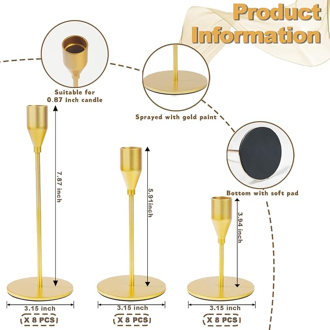 Matte Gold Candle Holders Bulk Painted Gold Metal Candlesticks Fit 0.8 Inch Taper Candles Decorative Metal Candelabra for Wedding Home Holiday Anniversary Party Dinning Table Decors (Set of 24)