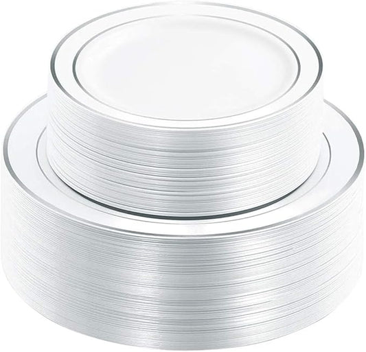 WDF 120PCS Plastic Plates White Silver Rim - Disposable Plates including 60PCS for Dinner 10.25inch, 60 Salad/Dessert Plates 7.5inch Heavy Duty Wedding Party Birthday