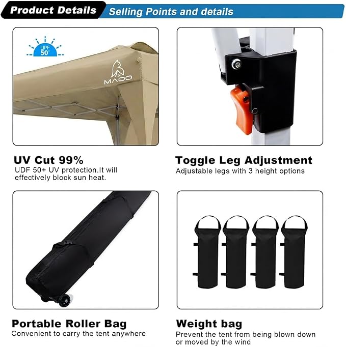 MAOO 10x10 Pop Up Canopy Tent with Sidewall, Easy Setup Instant Outdoor Canopy, 210D Silver Coated Waterproof UPF 50+ Sun Shade Shelter, Heavy Duty Steel Frame, Roller Bag, Khaki