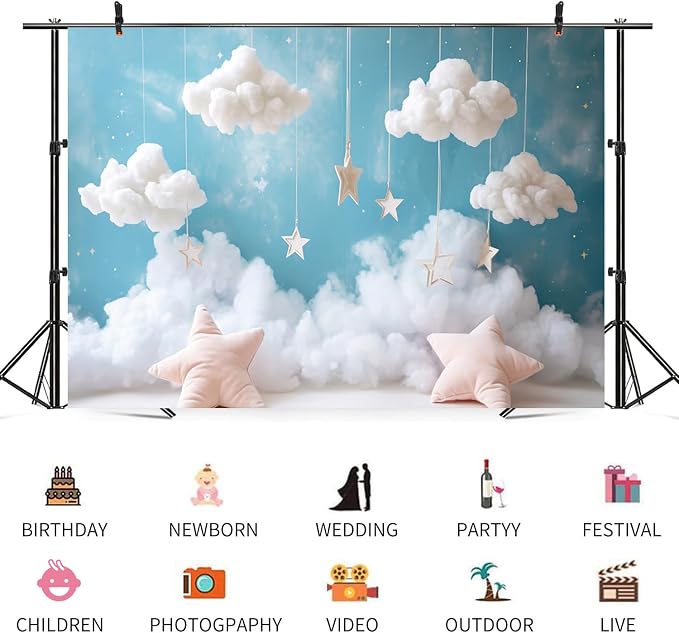 10x7ft Cloud Backdrop Sky Starry Star White Blue Photography Background Baby Shower Banner Baby Birthday Party Decoration Newborn Photoshoot Prop Cake Smash Photo Booth Prop