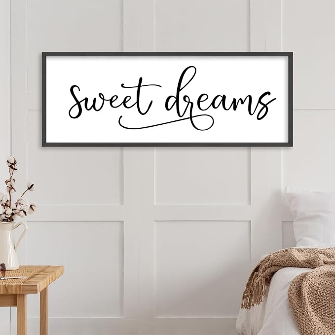 YWJKWLGS Sweet Dreams Wall Decor Signs Above Bed Bedroom Wall Art Over Bed | 40x15 Inch Farmhouse Handwritten Art Large Rustic Black Wood Framed Master Guest Room Kids Room Wall Hanging