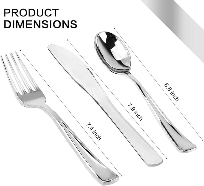 M MCIRCO ﻿175 Piece Silver Dinnerware Set,25 Silver Rim Plastic Plates, 25 Cups,25 Pre Rolled Napkins with Plastic Silverware, Disposable Dinnerware Set for 25 Guest