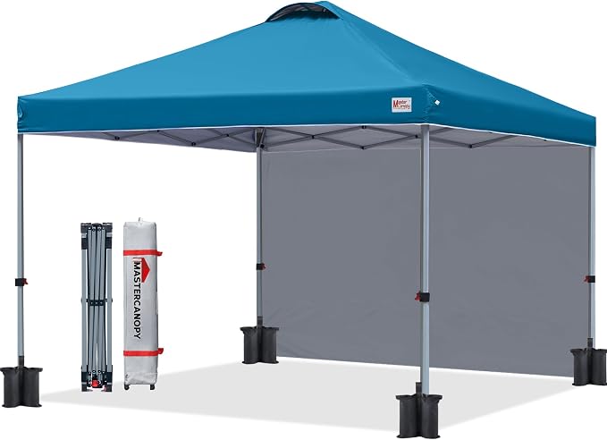 MASTERCANOPY 8x8 Pop Up Canopy Tent with 1 Sidewall, 1 Person Setup Instant Shelter, Outdoor Portable Beach Canopy, 1 Roller Bag, 4 Sandbags, 4 Ropes, 8 Stakes (8x8, Cyan Blue)