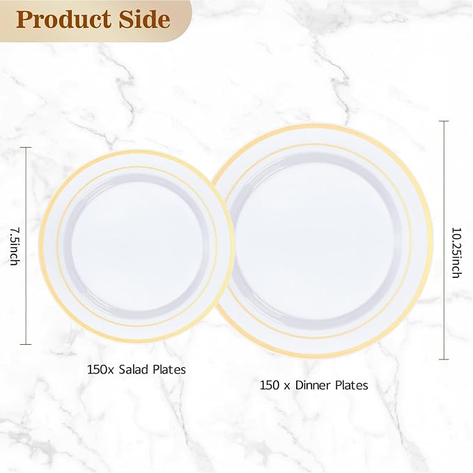 BESTVIP 300PCS Gold Plastic Plates, White with Gold Rim Disposable Plates - 150 Dinner Plates and 150 Dessert Plates, Heavy Duty Fancy Party Plates for Wedding, Catering, Large Events
