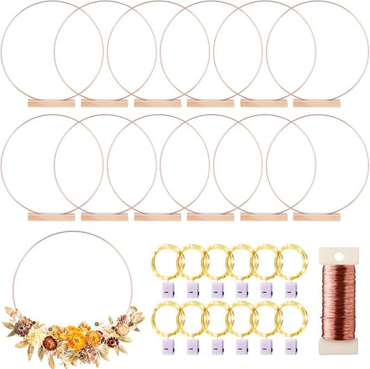 MJRASG 12 Pack Floral Hoop with Stand and LED Lights 16 Inch Metal Rings for DIY Centerpiece Table Decorations Crafts Macrame Ring Hoop Wreath Dream Catcher Rings Wedding Christmas Wreaths, Rose Gold