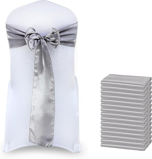 MDS Pack of 10 PCS Satin Chair Sashes Charmeuse Sateen Dining Chair Bows Ribbon Ties Back Sash for Wedding Party Birthday Home Hotel Restaurant Banquet Decoration (7 x 108 Inch, Silver Grey)