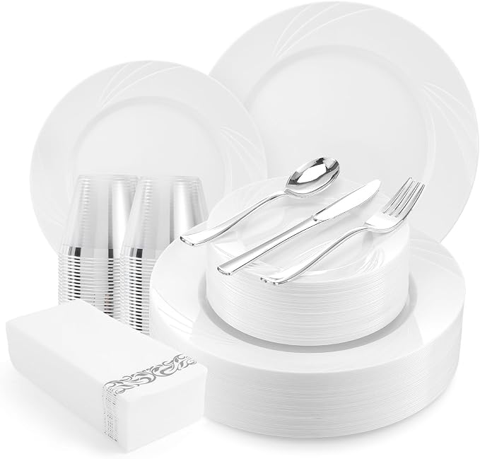 350-Piece White Swirls Plastic Dinnerware Set for 50 Guests, Elegant Disposable Dinnerware for Party, Wedding. Includes 10.25" Dinner Plates, 6.5" Dessert Plates, Silverware, Napkins, Cups