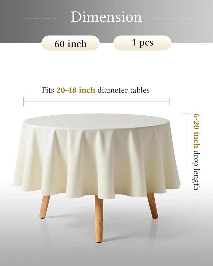 BESTVIP 60" Ivory Ivory Round Decorative Tablecloths | Fits 20"-48" Tables | Polyester Fabric Washable Table Cloth Cover for Wedding, Reception, Banquet, Birthday Party, Buffet, Restaurant