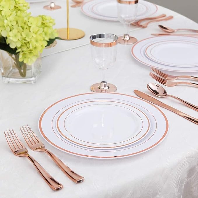 WDF 300 Pieces Rose Gold Plastic Silverware- Disposable Flatware Set - Heavy Duty Plastic Cutlery Includes 100 Forks, 100 Spoons, 100 Knives Perfect for Wedding/Party/Birthday