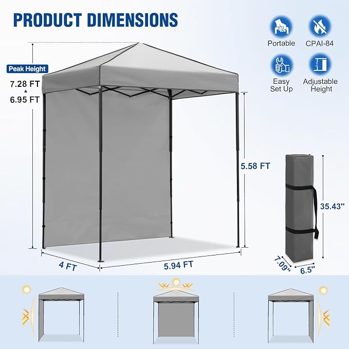 6x4 Pop Up Canopy Tent with One Wall Panel, Instant Portable Beach Canopy, Outdoor Tent with Carry Bag for Camping, Sports, Tailgating, Events, Gray