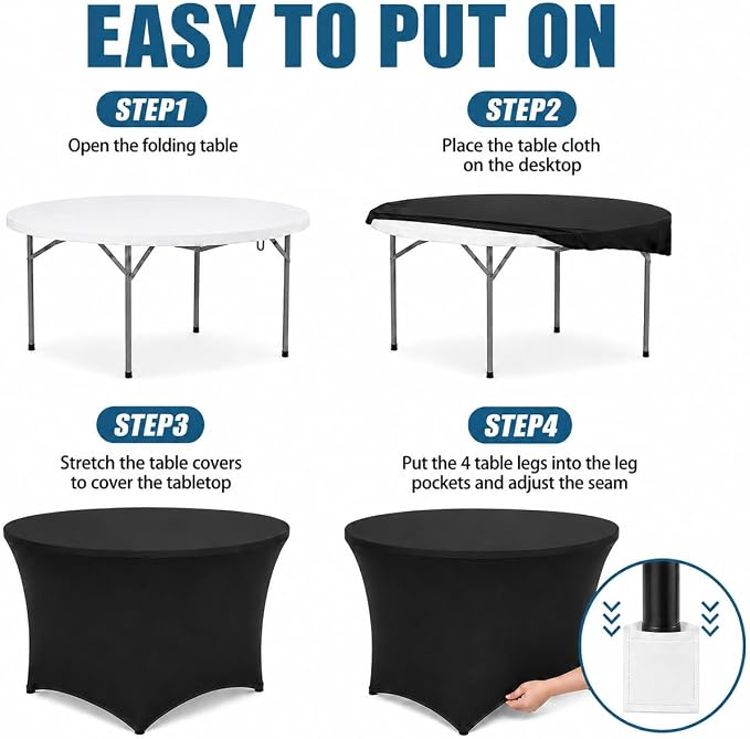 Round Table Covers - 6 Pack 48x30 Inch Table Cloth - Black Fitted Stretch Spandex Round Tablecloth for Party, Vendor, Birthday, Booth, Banquet
