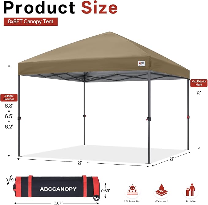 ABCCANOPY 8x8 Pop Up Canopy Tent, Easy Setup Instant Shelter with Wheeled Bag, Heavy Duty Outdoor Canopy for Beach, Market, Backyard, UV Protection, Outdoor Weather Protection (Khaki, 8x8)