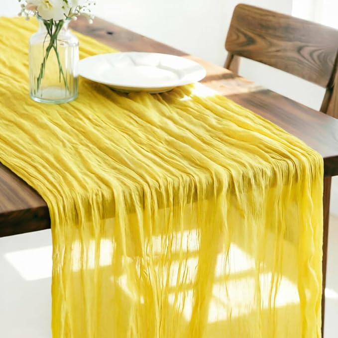 LINXTAR Yellow Cheesecloth Table Runner 120 Inches 10Ft Gauze Summer Boho Table Runner for Wedding Tea Party Baby Shower Bridal Birthday Home Decoration
