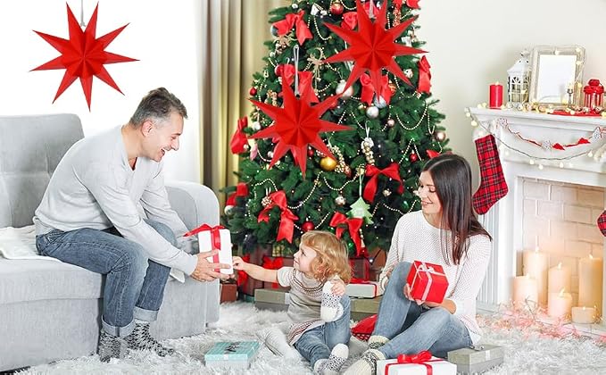 SUNBEAUTY 3 Pcs 9-Pointed Red Paper Star Lanterns 12 Inch Christmas Hanging Lamp Red Paper Decorations Shade Wedding Birthday Christmas Home Party Decorations